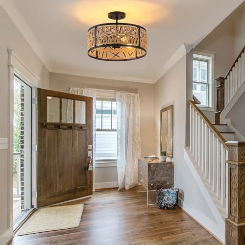 Boho Rattan Chandelier with 3 Lights and Metal Frame