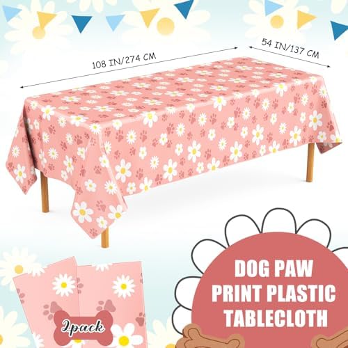 Gilprop 2 Pcs Pink Daisy Paw Print Tablecloths for Dog Parties