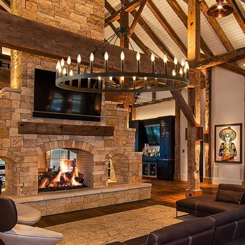 53 Inch Black Wagon Wheel Chandelier with 30 Rustic Candle Lights