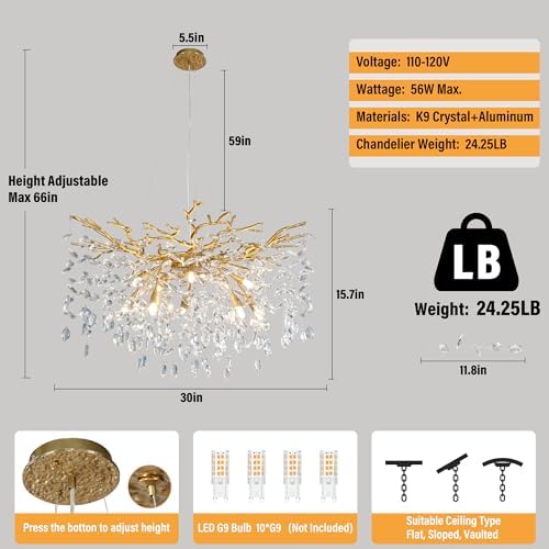 YUYI 30 Inch Gold Tree Branch Chandelier 10 Lights