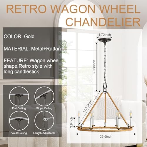 Wagon Wheel Chandelier 6 Light Gold Farmhouse Ceiling Light