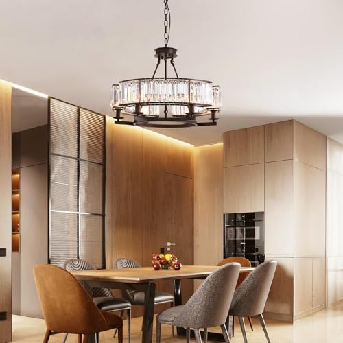 NOXARTE 6 Light Round Crystal Chandelier Black Iron Frame