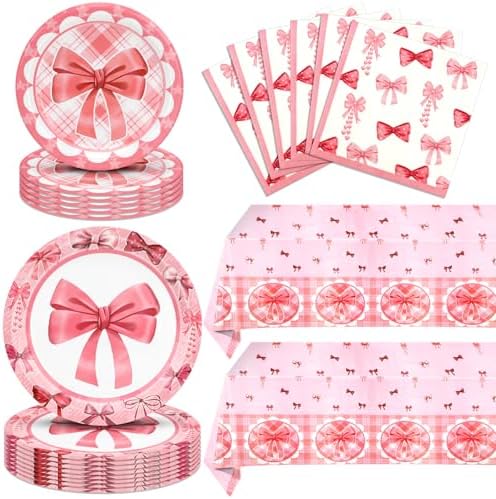 62Pcs Pink Bow Party Decor Set for 20 Guests
