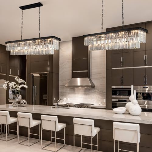 Black Crystal Chandelier 15-Lights Modern Rectangle Dining Room Light Fixture