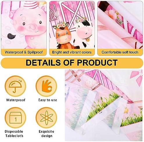 PHOGARY Farm Animals Birthday Tablecloth Pink Farm Theme Party Decor