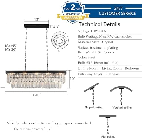 Black Crystal Chandelier 15-Lights Modern Rectangle Dining Room Light Fixture