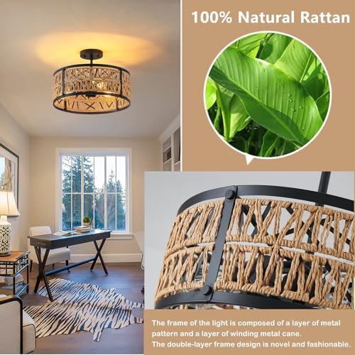 Boho Rattan Chandelier with 3 Lights and Metal Frame