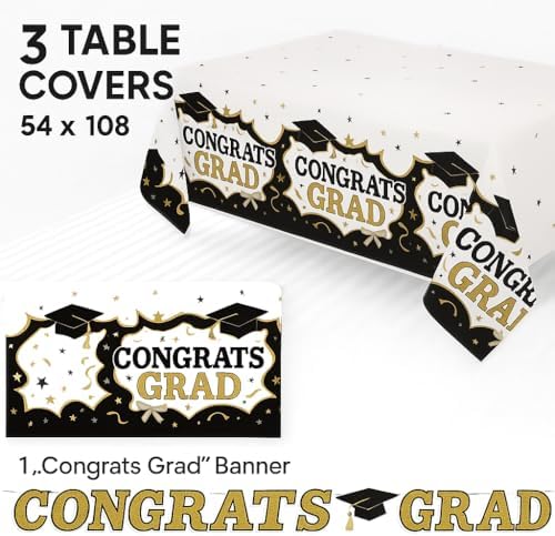 Oojami 3 Pack Black and Gold Graduation Tablecloths with Banner