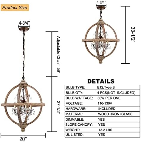 Cawabien 4-Light Rustic Wood Chandelier 20