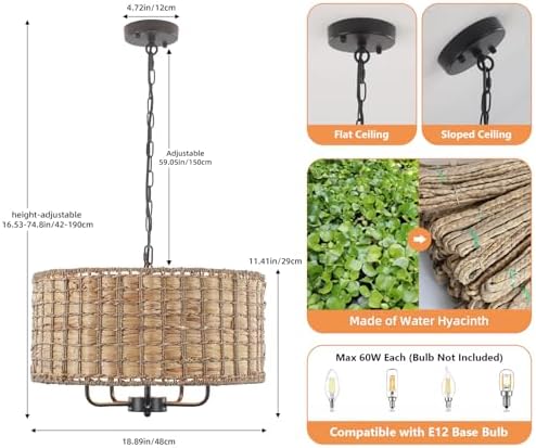 Boho Rattan Chandelier with 5 Lights for Dining Room and Kitchen