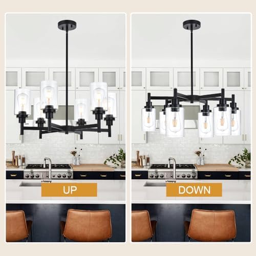 VINLUZ 6 Light Black Chandelier with Clear Glass