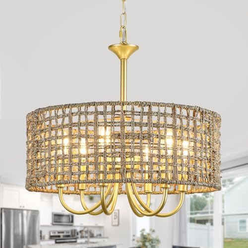 6-Light Rattan Chandelier for Dining Room and Kitchen