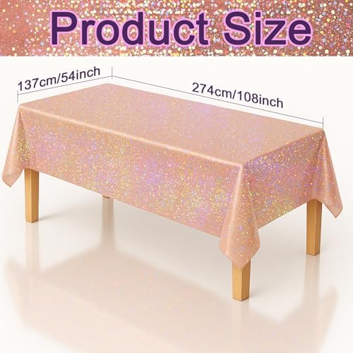 3-Pack 54x108 Inch Rainbow Foil Tablecloths with Rose Gold Holographic Finish