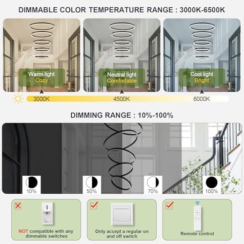 5-Rings LED Chandelier Black Dimmable with Remote Control
