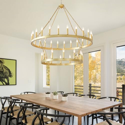 EGM 48 Inch 2 Tier Gold Wagon Wheel Chandelier