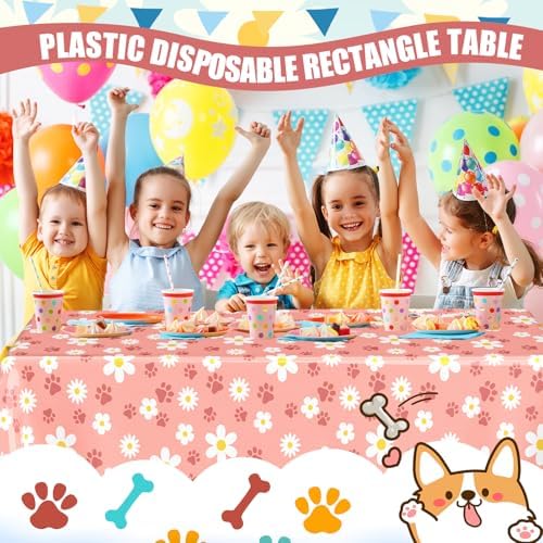 Gilprop 2 Pcs Pink Daisy Paw Print Tablecloths for Dog Parties