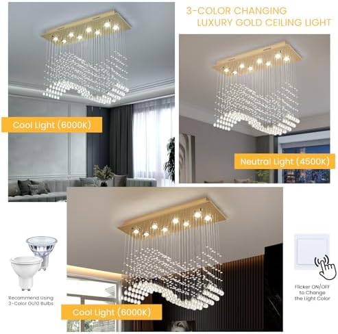 Siljoy 8 Light Wave Crystal Chandelier Modern Gold Flush Mount Ceiling Light