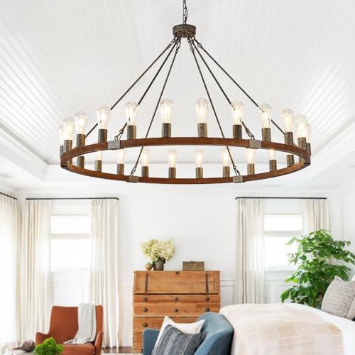 HHR 48 Inch Farmhouse Wagon Wheel Chandelier 24 Light