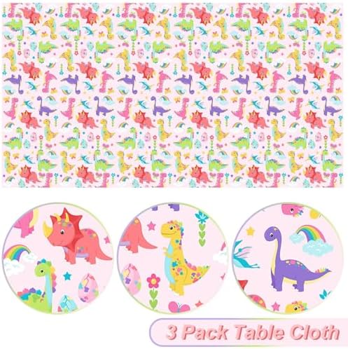3 Pack Pink Dinosaur Tablecloth for Girls Birthday