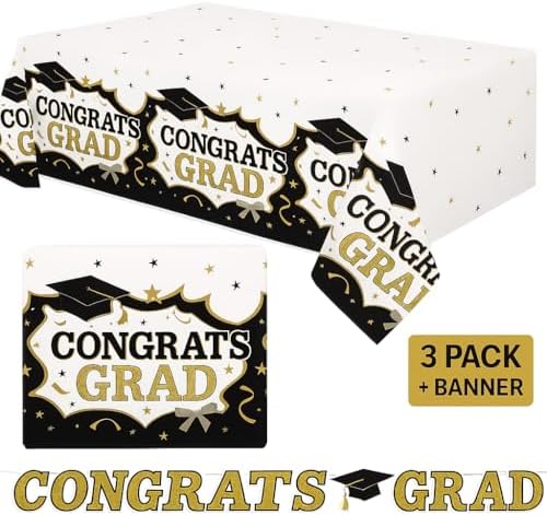 Oojami 3 Pack Black and Gold Graduation Tablecloths with Banner