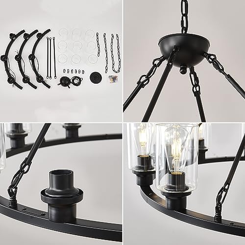 Black Wagon Wheel Chandelier 32 Inch 9 Light Modern Farmhouse Pendant Light