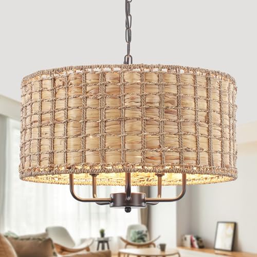 Boho Rattan Chandelier with 5 Lights for Dining Room and Kitchen