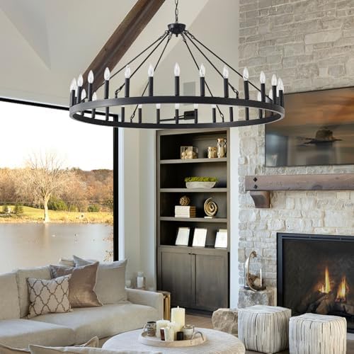 53 Inch Black Wagon Wheel Chandelier with 30 Rustic Candle Lights