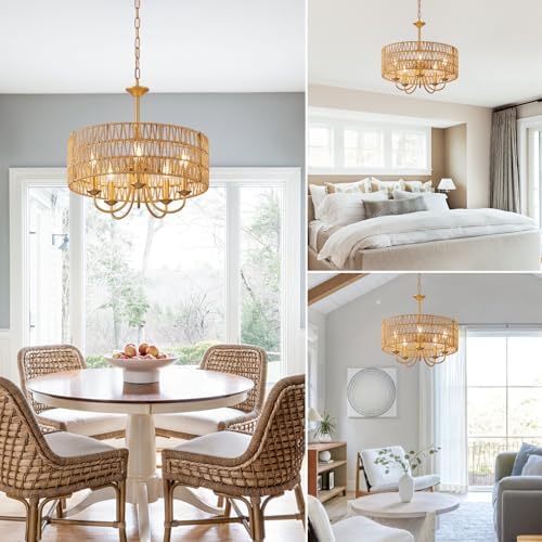 5-Light Boho Rattan Chandelier with Gold Finish