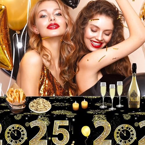 Lide Road Black Gold New Year Tablecloth 2Pcs 54x87In