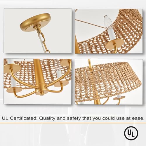 Gold Modern Rattan Chandelier with 4 Lights