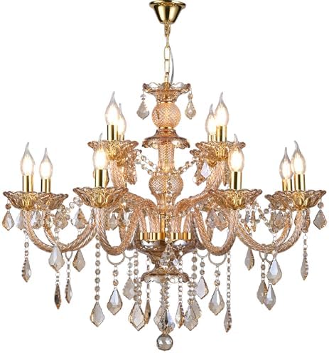 Amber Gold Crystal Chandelier 12 Lights Luxury Pendant Ceiling Fixture