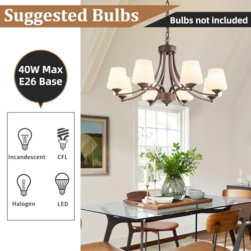 8 Light Rustic Chandelier with Frosted White Glass