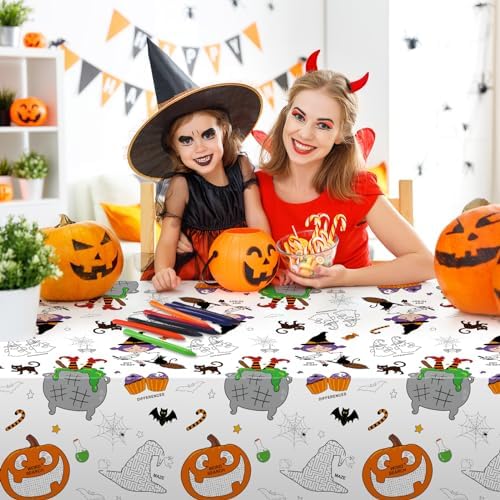 Faccito 3 Pcs Halloween Coloring Tablecloth with Crayons