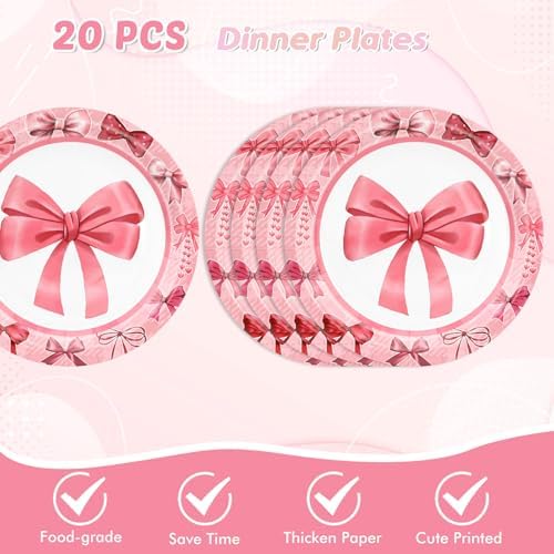 62Pcs Pink Bow Party Decor Set for 20 Guests