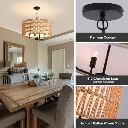 4-Light Rattan Farmhouse Chandelier for Dining Room