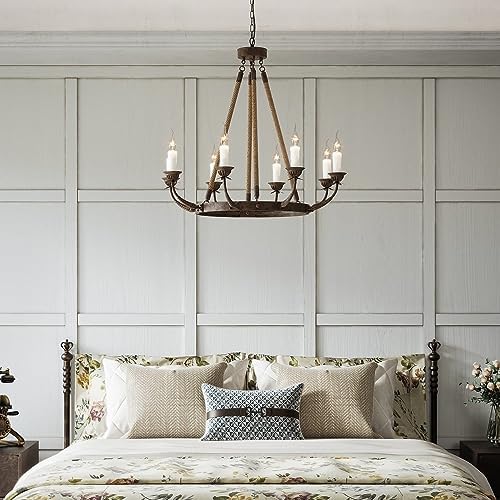 LOVEDIMA 8 Light Rustic Hemp Rope Chandelier