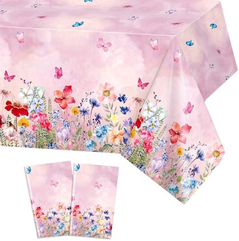 PHOGARY 2PCS Floral Tablecloth with Wildflowers and Butterflies