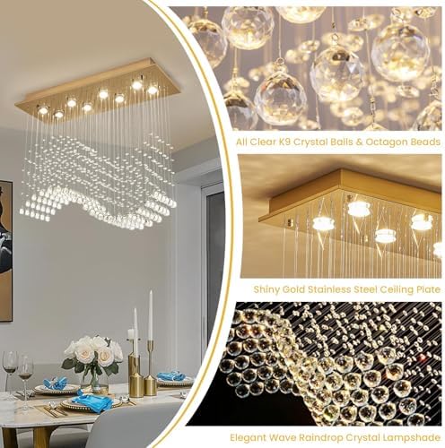 Siljoy 8 Light Wave Crystal Chandelier Modern Gold Flush Mount Ceiling Light