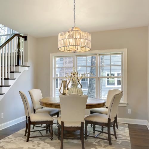Rattan Chandelier Dining Room 4 Light Pendant Light Fixture