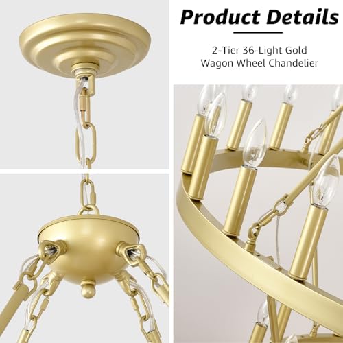 EGM 48 Inch 2 Tier Gold Wagon Wheel Chandelier
