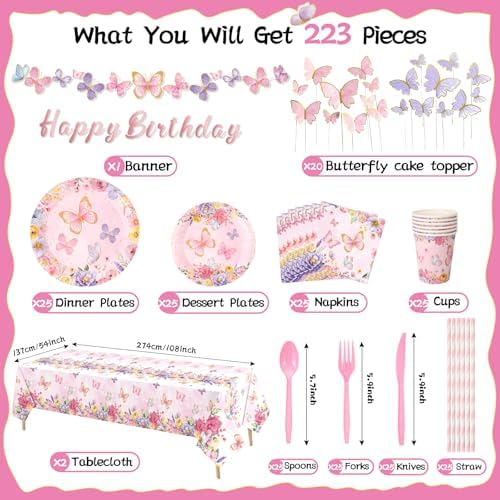 223 Pcs Butterfly Birthday Party Supplies Set