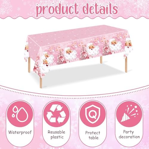 2 Pcs Christmas Tablecloth Santa Claus Pink Snowflake Xmas Cover