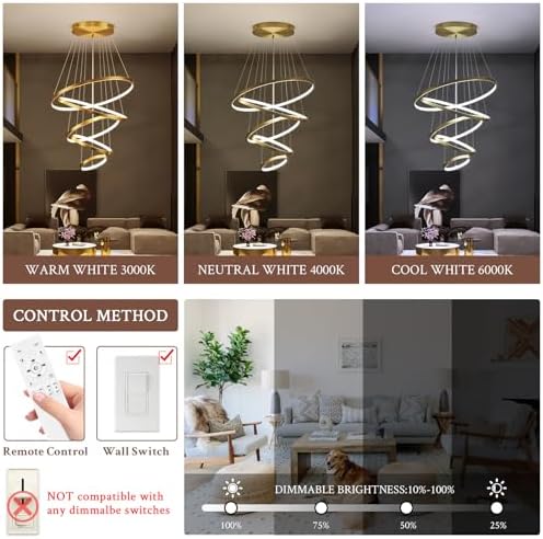 5 Ring Modern LED Chandelier Dimmable Gold for High Ceiling