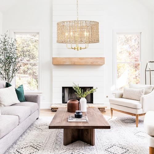 5 Light Rattan Chandelier with Gold Finish