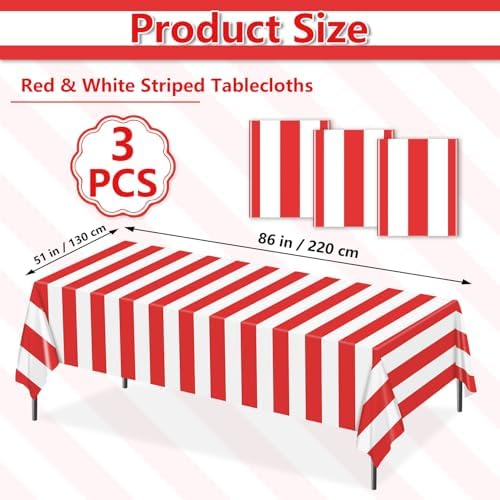 3-Pack Red and White Striped Tablecloths - 86x51 Inch Carnival Party Plastic Covers
