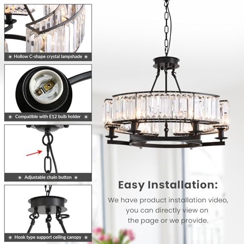 NOXARTE 6 Light Round Crystal Chandelier Black Iron Frame
