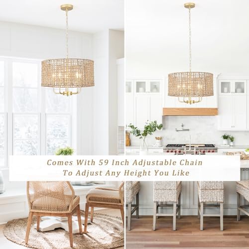 5 Light Rattan Chandelier with Gold Finish