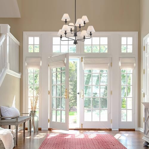 Modern Black Chandelier with Off-White Fabric Shades