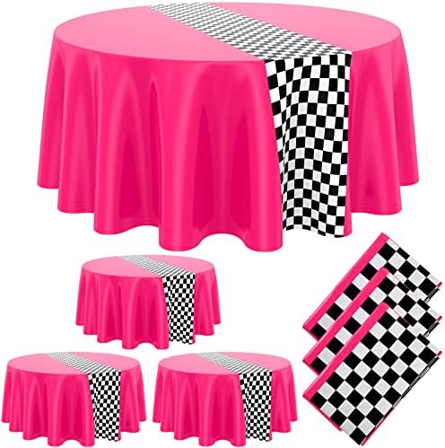 Oudain Cars Birthday Tablecloths - 3pcs Pink Checkered Round Cloth
