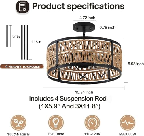 Boho Rattan Chandelier with 3 Lights and Metal Frame